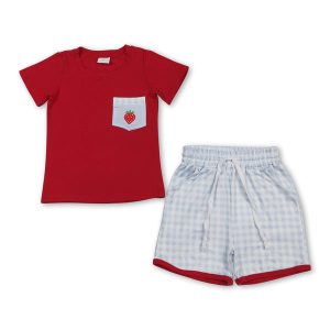 Short sleeves strawberry pocket top plaid shorts boys outfits