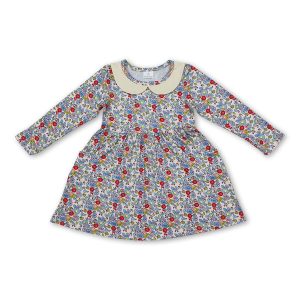 Long sleeves blue floral baby girls dresses