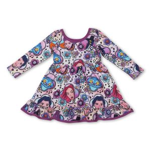 Purple long sleeves tiger floral music girl dress