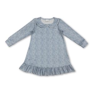 Long sleeves light blue floral ruffle baby girls dresses