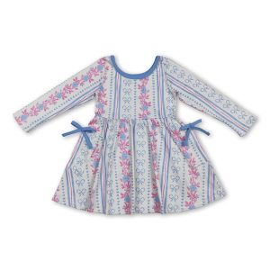 Long sleeves blue bow floral pockets kids girls dresses