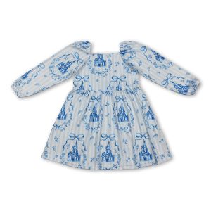 Long sleeves stripe bow castle kids girls dresses