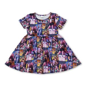 Short sleeves purple patchwork group music girls dresses