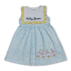 Sleeveless silly goose bow embroidery girls dresses