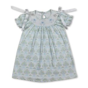 Short sleeves bow smocked floral baby girls dresses