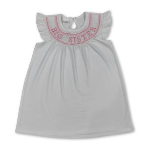 White flutter sleeves big sister smocked girls dresses
