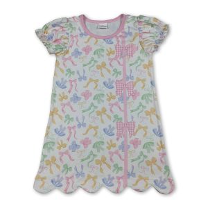Short sleeves colorful bows scallop girls summer dress
