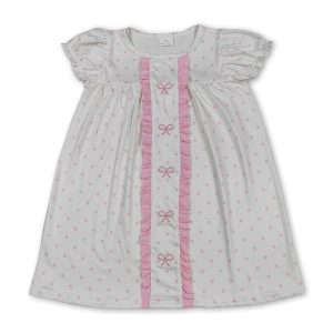 Short sleeves pink polka dots bow embroidery girls dresses
