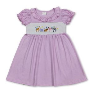 Short sleeves animal smocked happy birthday girls dress