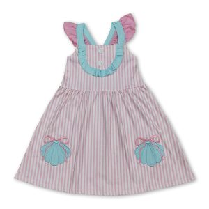 Flutter sleeves shell bow embroidery stripe girls dresses