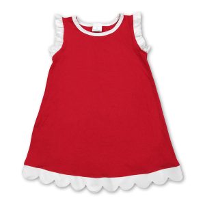 White scallop ruffle sleeveless red girls cotton team dress