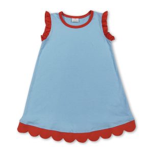 Scallop ruffle sleeveless light blue girls cotton dress