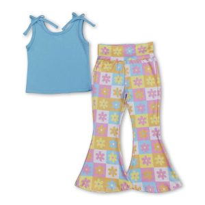 Sleeveless cotton top floral plaid pants girls clothing