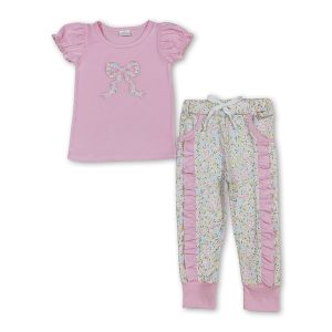 Pink short sleeves bow top floral ruffle pants girls clothes