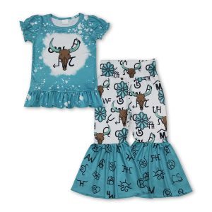 Short sleeves bleached bull skull top pants western girls outfits