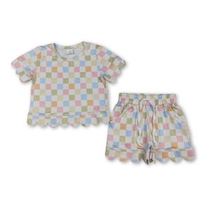Short sleeves colorful plaid scallop top shorts girls outfits
