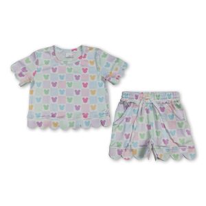 Short sleeves colorful plaid mouse scallop top shorts girls outfits