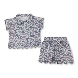 Short sleeves grey camo scallop pullover shorts girls outfits