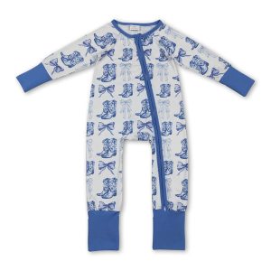 Light blue bow boots western baby girls zipper romper
