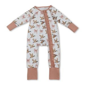 Long sleeves pink bow duck ruffle baby girls zipper romper