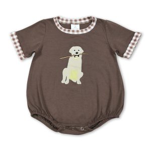 Short sleeves brown dog embroidery kids boys summer romper