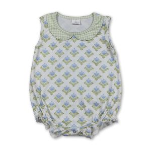 Sleeveless green light blue floral baby girls summer romper