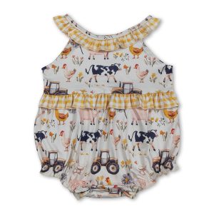 Yellow plaid ruffle sleeveless farm baby girls romper