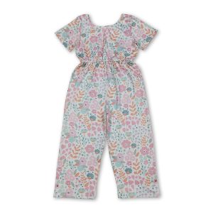 Short sleeves pink floral pockets kids girls jumpsuit