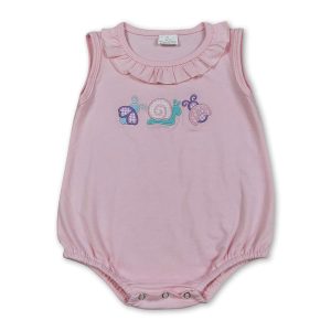Ruffle sleeveless bee snails embroidery baby girls romper