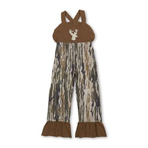 Deer embroidery brown ruffle camo kids girls jumpsuit