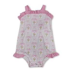 Pink straps stripe bow floral baby girls summer romper